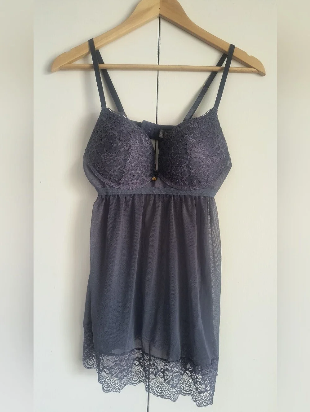 Daisy Fuentes Slate Blue Sheer Baby Doll Nightie Lingerie Push Up Padded Large L